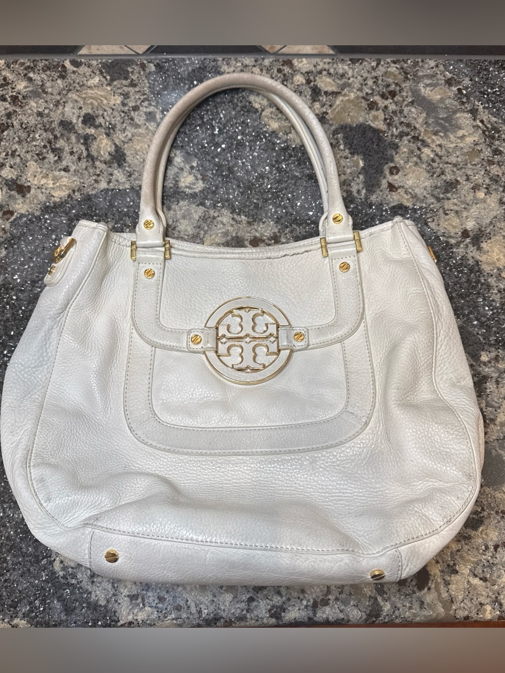 Tory Burch White Pebbled Leather Amanda Classic Tote Handbag Gold Hardware